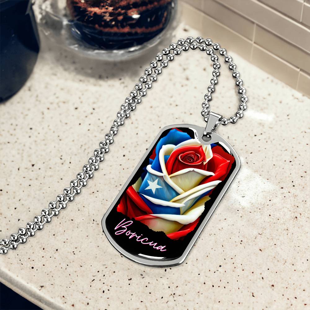 PUERTO RICO ROSE FLAG Military Dog Tag SS Necklace
