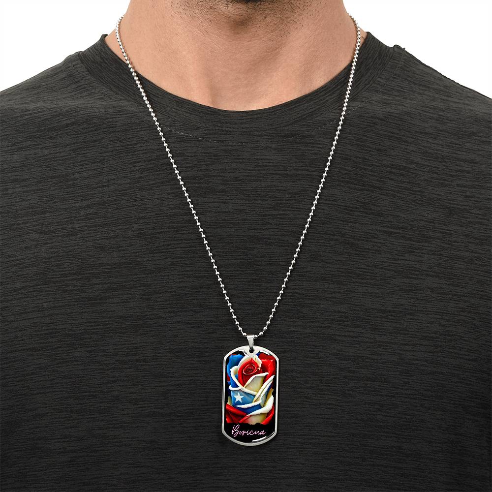 PUERTO RICO ROSE FLAG Military Dog Tag SS Necklace
