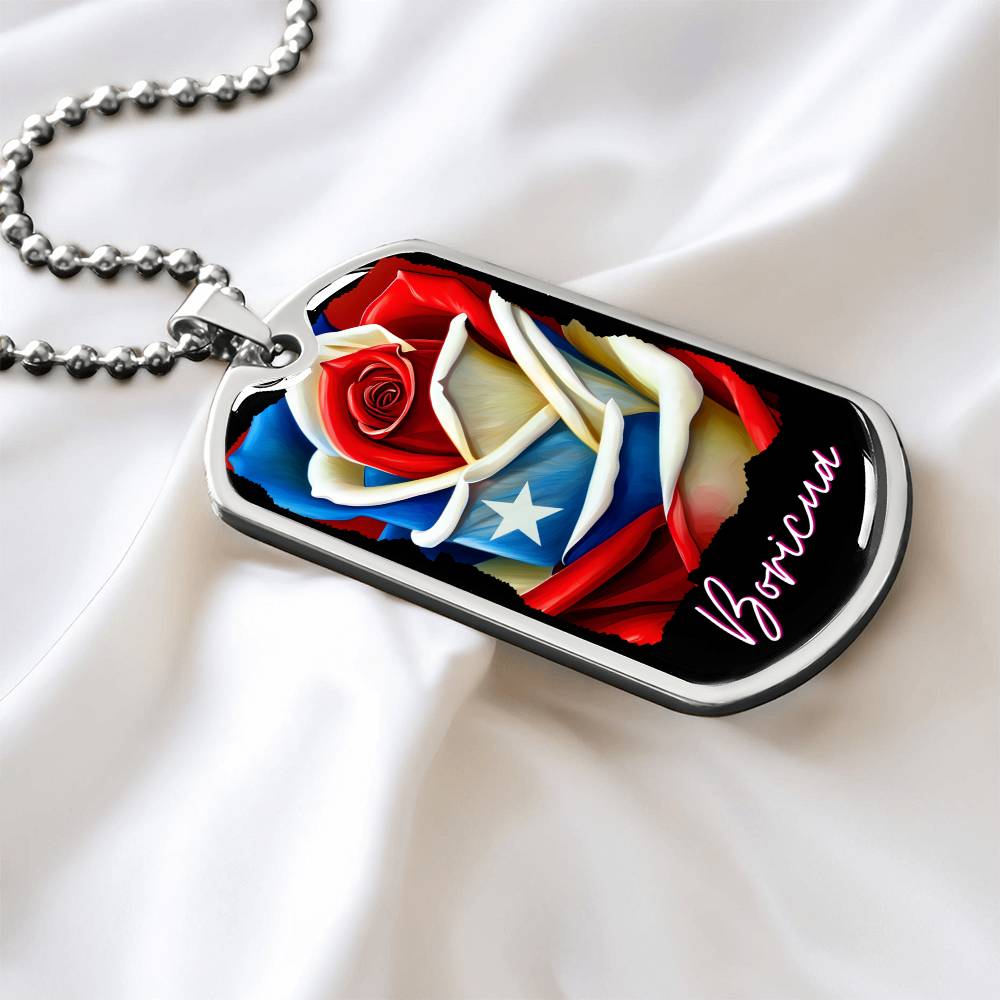 PUERTO RICO ROSE FLAG Military Dog Tag SS Necklace