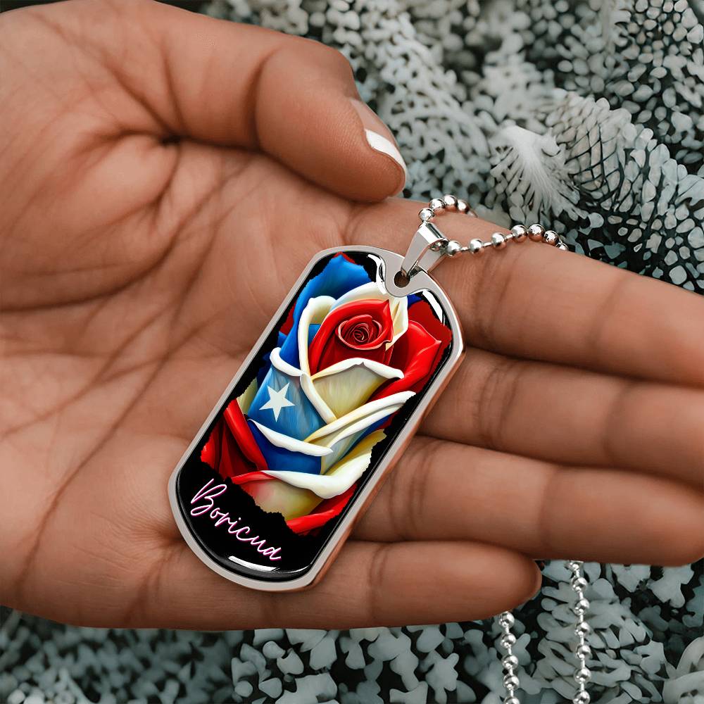 PUERTO RICO ROSE FLAG Military Dog Tag SS Necklace