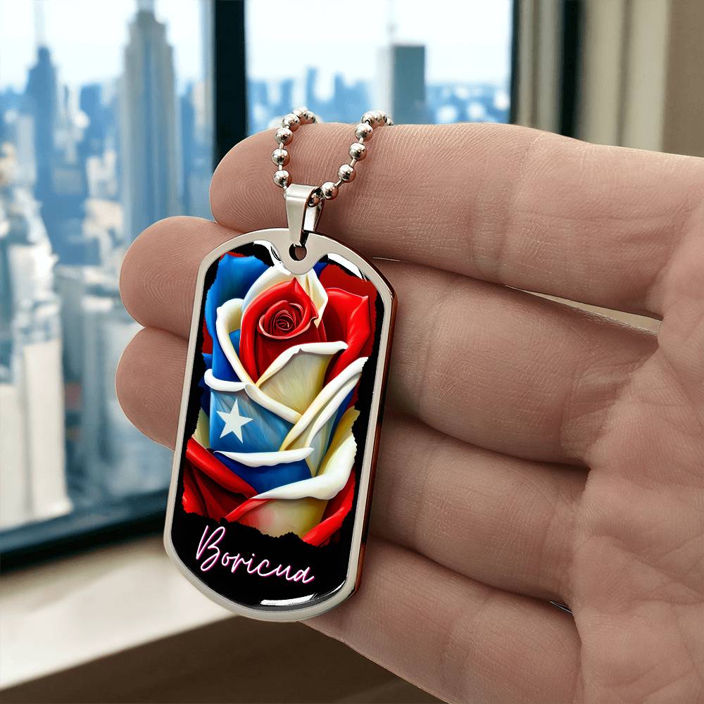 PUERTO RICO ROSE FLAG Military Dog Tag SS Necklace