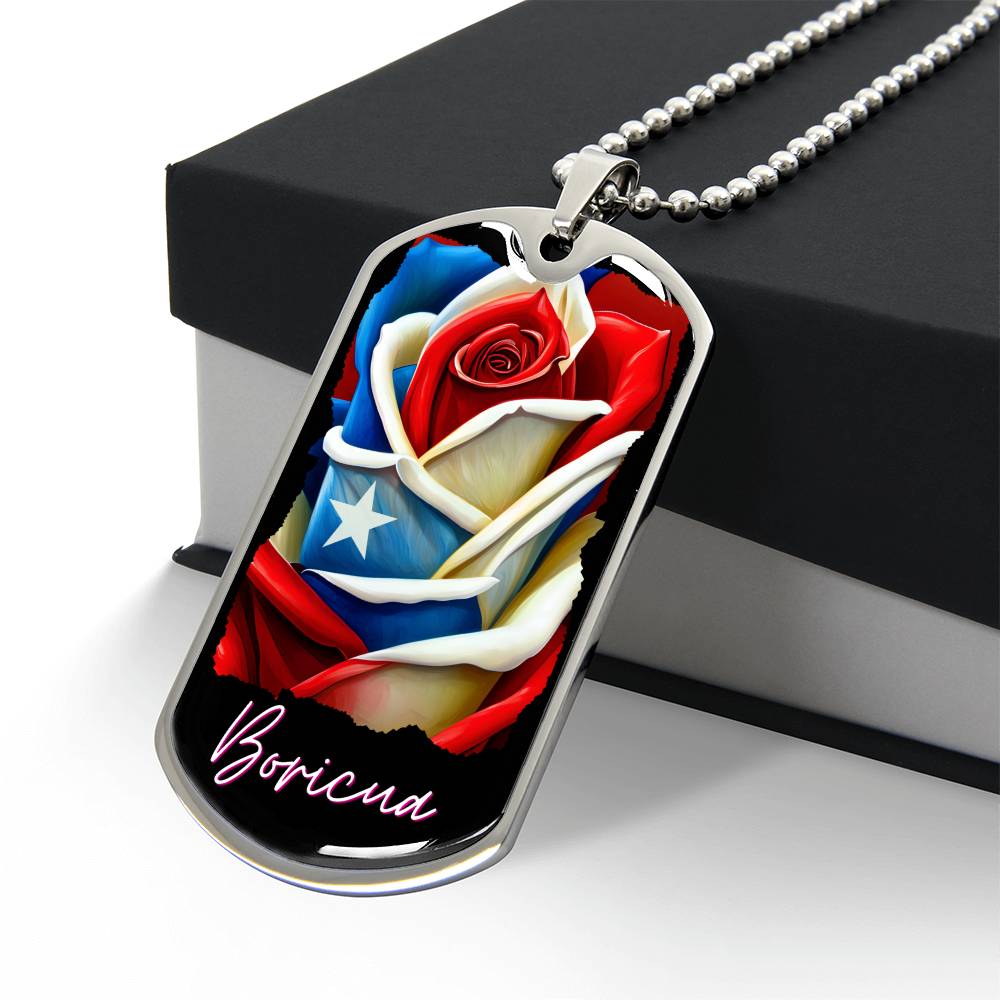 PUERTO RICO ROSE FLAG Military Dog Tag SS Necklace