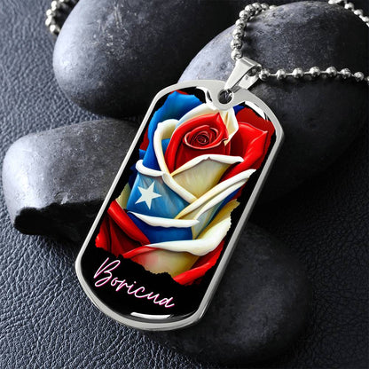 PUERTO RICO ROSE FLAG Military Dog Tag SS Necklace